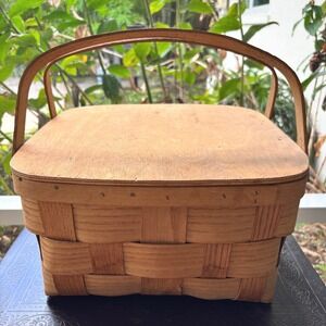 Basketville Putney VT Handcrafted‎ Wood Picnic Basket w Lid Double Handle USA